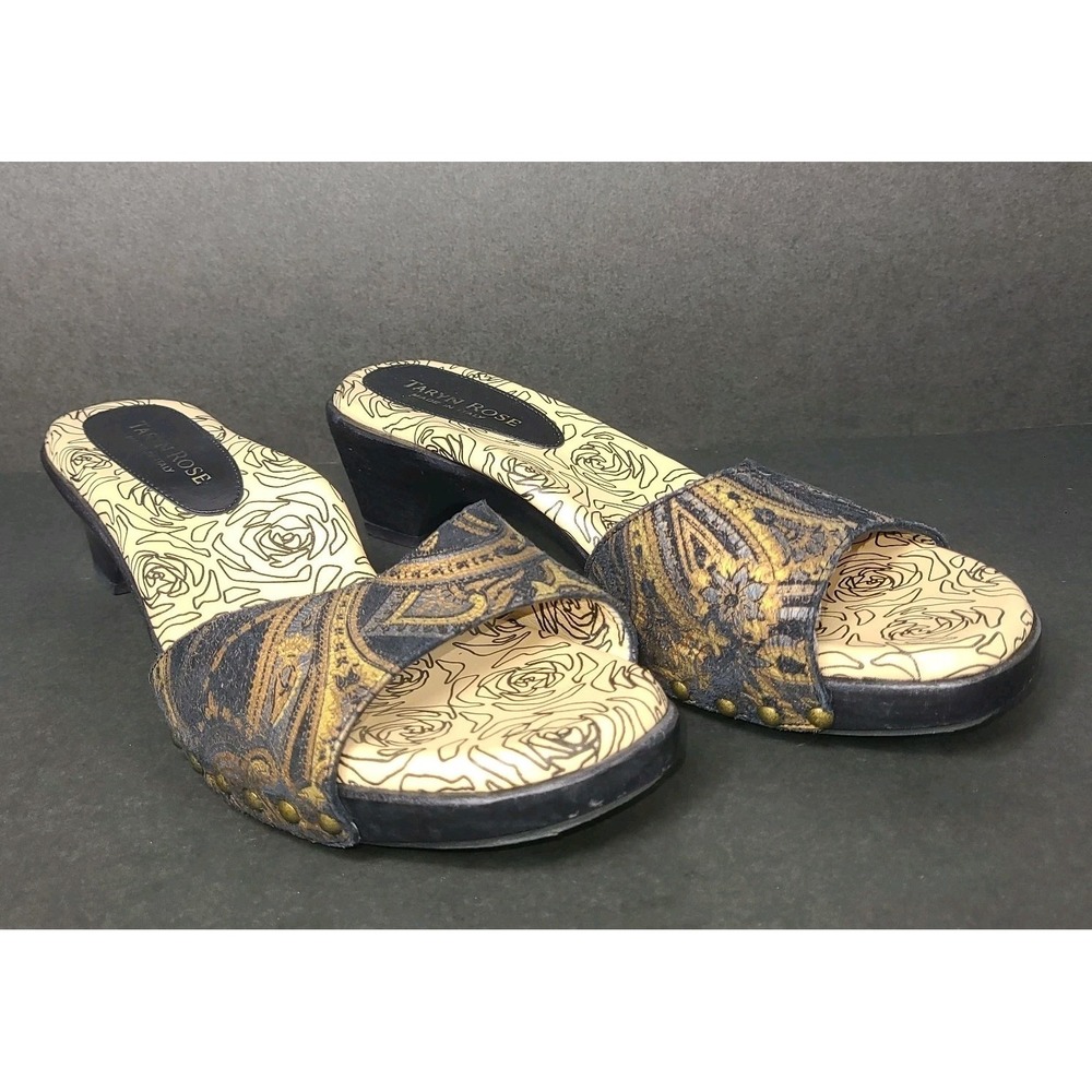 Taryn Rose Italian Slide Sandals Womens EU 38 Paisley Kitten Heel Mules Comfort